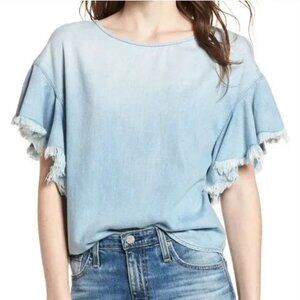 AG Adriano Goldschmied Blue Frayed Ruffle sleeve Top Size M